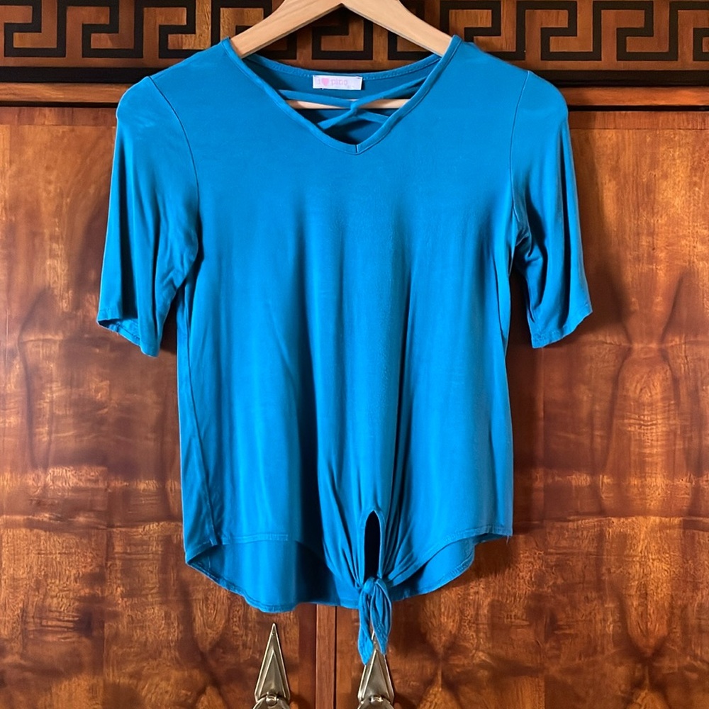 I Love Pinc Girls XL Blue Tie Front Short Sleeve Tee Boho Casual Top